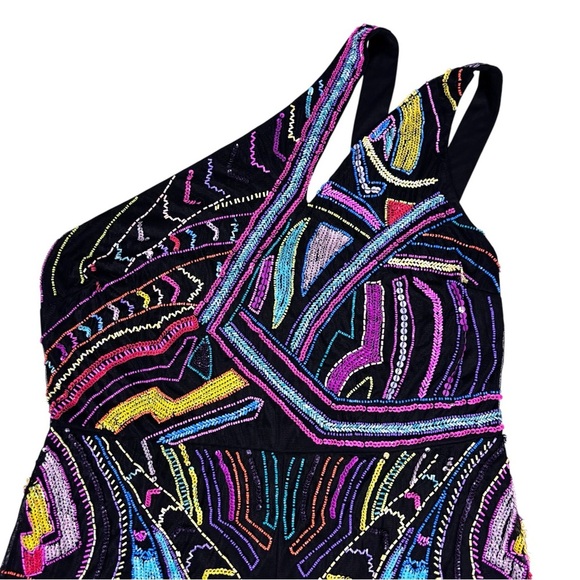 ASOS NEON BEAD EMBELLISHED ART DECO GEOMETRIC ONE SHOULDER PARTY ROMPER JUMPSUIT - Picture 4 of 16